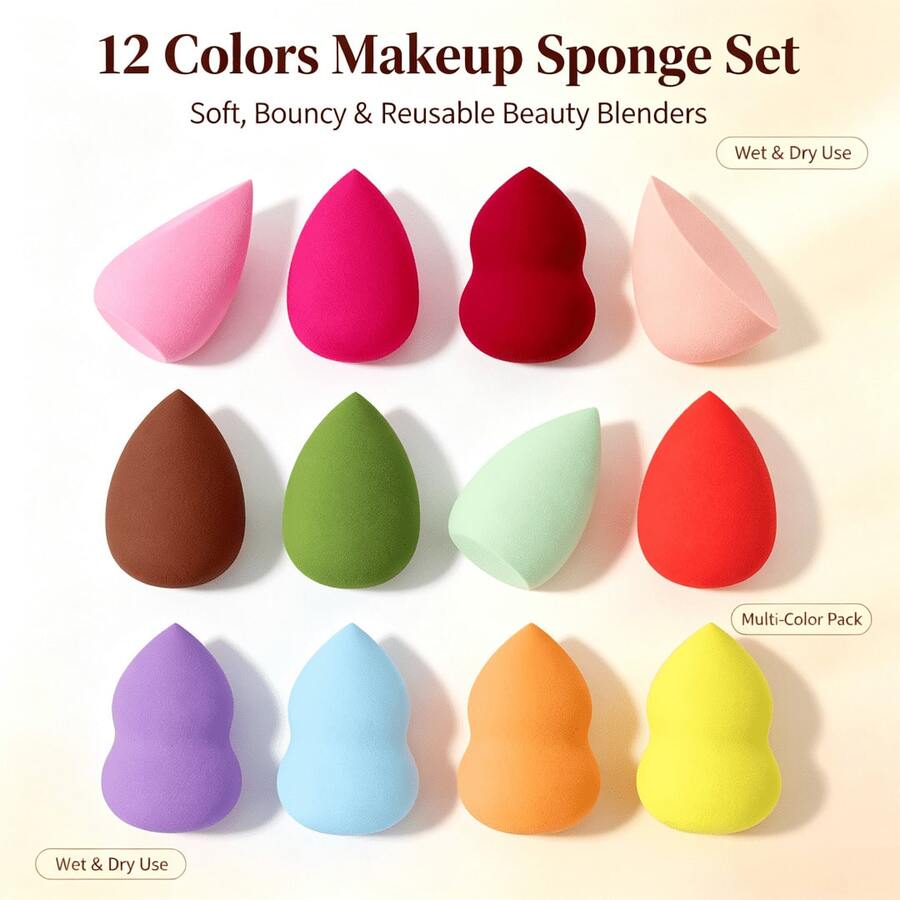 4Pcs Multicolor Makeup Sponge Kit With Sponge Holder, Teardrop Slant Cut Gourd Shapes, Wet Dry Foundation Blender, Soft Reusable Cosmetic Puff For Facial Makeup