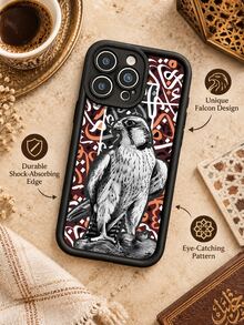 1pc Arabic Calligraphy Falcon Phone Case, Black & White Hand-Drawn Eagle Pattern With Red-Brown Geometric Design, Black Frame Full Coverage Shockproof Soft Protective Cover Compatible With IPhone 18 17 16 15 14 13 12 11/Pro/ProMax/X/XR/XS/XSMAX/7/8/PLUS And /Honor - Black - View 3