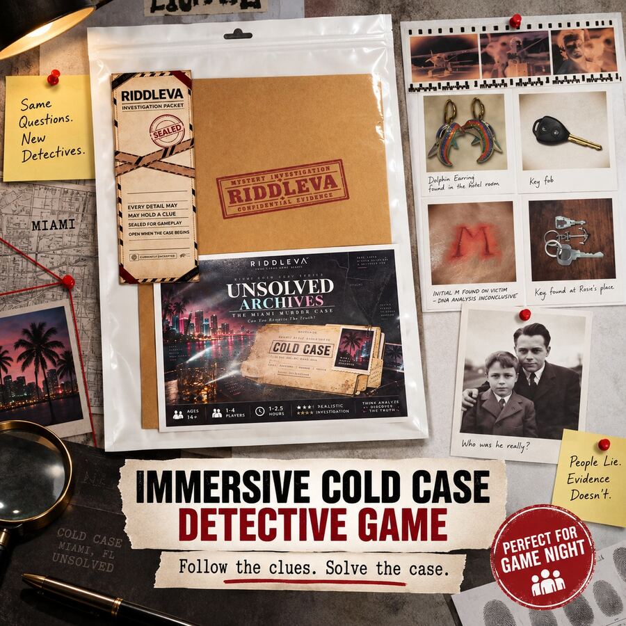 RIDDLEVA Miami Unsolved Files Detective Mystery Board Game Cold Case Clue Investigation Puzzle Game Multiplayer Interactive Tabletop Game Halloween Party Christmas Birthday Gift - Khaki - View 1