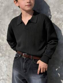 Sweater Polo Rajut Bergaris untuk Anak Laki-Laki Usia Remaja, Atasan Pullover Kasual Lengan Panjang Polos untuk Musim Gugur, Cocok untuk Sekolah & Pakaian Sehari-hari - Hitam - View 1