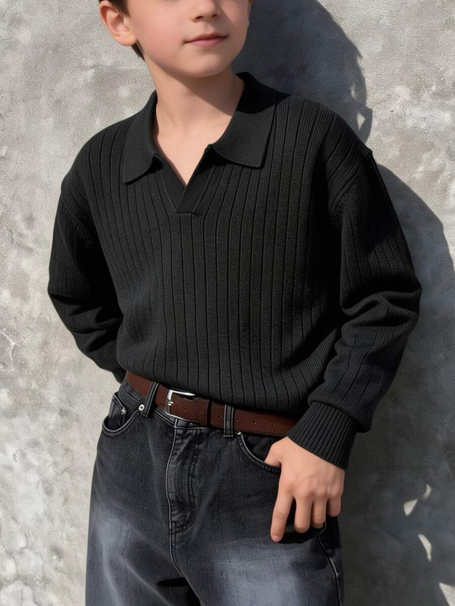 Sweater Polo Rajut Bergaris untuk Anak Laki-Laki Usia Remaja, Atasan Pullover Kasual Lengan Panjang Polos untuk Musim Gugur, Cocok untuk Sekolah & Pakaian Sehari-hari - Hitam - View 1