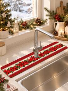 1pc Christmas Sink Faucet Water Absorbent Mat, Christmas Floral Decorative Pattern, Drainage Mat, Suitable For Kitchen, Bathroom Sink, Countertop, Drainage Mat, Diatomaceous Earth Material, Trimmable, Quick-Drying Mat - Multicolor - View 4