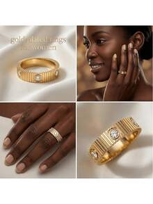 1pc 18K Gold Plated Stainless Steel Women's Ring, Waterproof Jewelry, Diamond Ring, Women's Jewelry, Elegant Gift - Gold - View 3