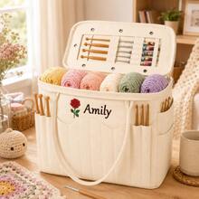 1pc Personalized Name Embroidered Knitting Tool Storage Bag, Large Capacity Yarn Storage Bag, Crochet & Knitting Needle Tool Organizer Bag, Multi-Functional Handmade DIY Knitting Bag, Canvas Portable Craft Supplies Storage Box With Partitioned Pocket Design, Suitable For Knitting Enthusiasts, Handmade Crafts, Birthday Gifts, Holiday Gifts - Multicolor - View 2