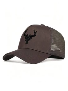 1pc Men's Deer Horn Embroidered Baseball Mesh Cap, Adjustable Sun Protection Casual Hat, Suitable For Spring, Summer, Autumn Travel, Beach, Party - Coffee Brown - View 4