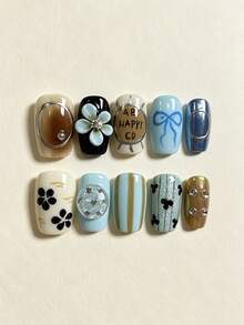 10Pcs Handmade Press On Nails,Short Square Fake Nails,Autumn Winter 3D Flower Bow Stripe Letter Print Rhinestone Pearl False Nails,Blue Brown Coffee Wearable Nail Art For Women Daily - Multicolor - View 3