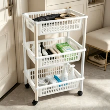 1pc 3-Tier Hollow Plastic Storage Cart, Movable Shelf With Universal Wheels, Layered Storage Baskets, Suitable For Sundries Storage In Kitchen & Living Room And Bathroom Supplies Organization - Multicolor - View 2