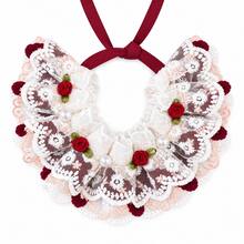 Vintage Lace Pet Collar With Burgundy Roses And Pearl Accents, Elegant Ruffle Neck Accessory With Ribbon Tie For Cats And Small Dogs, Aesthetic Pet Photo Prop And Party Outfit Decor - Red and White - View 7