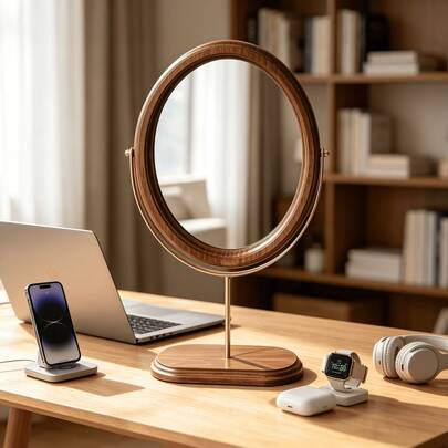 1pc Bedroom Vintage Desktop Mirror Solid Wood Makeup Mirror Home Desktop Wooden Chinese Style Standing Rotatable Dressing Mirror Suitable For Multiple Scenes
