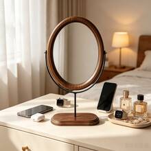 1pc Bedroom Vintage Desktop Mirror Solid Wood Makeup Mirror Home Desktop Wooden Chinese Style Standing Rotatable Dressing Mirror Suitable For Multiple Scenes - Multicolor - View 3