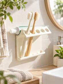 1Pc Wall-Mounted Toothbrush Holder With Storage Rack, Multifunctional Bathroom Organizer Easy Install Space Saving Shelf For Toothbrush Comb Makeup Brush, Bathroom Storage For Home Dorm, Wedding Graduation Gift, Bathroom Accessory Home Decor - Multicolor - View 6