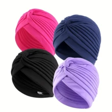 ZTZI 4Pcs Knotted Turban Headwrap For Women, Soft Stretchy Pleated Beanie Cap, Hair Loss Hat For Chemo, Muslim Hijab Solid Color Bohemian Polyester Bonnet For Daily Wear All Seasons - KK 4-piece Turban Cap Set - View 11
