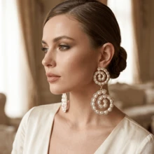 NeeFu WoFu Sparkling Rhinestone Glass Statement Earrings, Elegant Pearls Christmas Luxury Long Dangle Earrings For Party Dresses, Evening Gowns Bridal Gift - Round - View 2