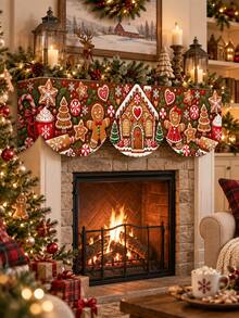 1pc Christmas Fireplace Scarf, Gingerbread House Gingerbread Man Candy Snowflake Holiday Print, Wavy Edge Fireplace Mantel Decor Cloth, Red Brown Christmas Dessert House Theme, Suitable For Living Room Fireplace Mantel, Christmas Party And Winter Home Decor - Multicolor - View 7