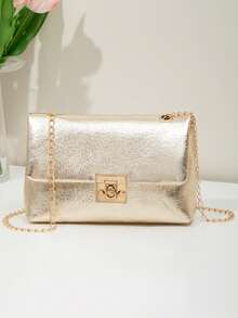Women's Metallic Gold Chain Crossbody Bag, Shiny Envelope Clutch Purse, Elegant Shoulder Bag For Wedding, Party, Prom, Evening & Date Night - Gold - View 2