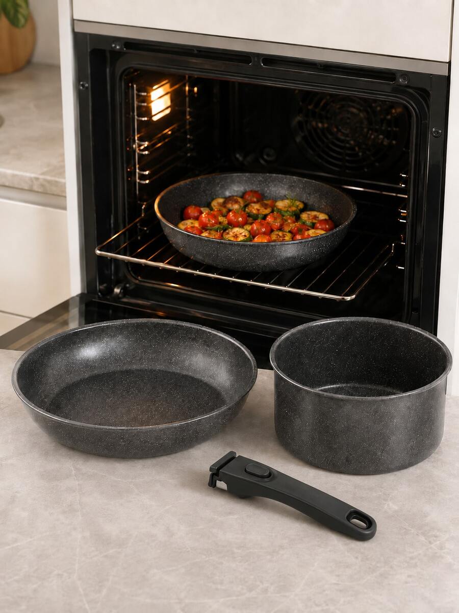 4-Piece Cast Iron Skillet And Wok Cookware Set, Non-Stick Stackable Pots With Detachable Handles, Suitable For Gas, Electric, Ceramic And Induction Cooktops, Space-Saving Oven- Kitchen Cookware For Daily Home Cooking - View 1