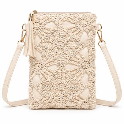 Women's Boho Crochet Floral Crossbody Phone Bag, Lightweight Slim PU Leather Shoulder Purse With Tassel, Zipper Closure And Adjustable Strap