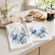 2pcs/Pack White Blue Bird & Floral Pattern Towels, Fresh Nordic Country Style Soft Absorbent Fabric Rectangular Kitchen Hand Towels, Blue Bird, Blue Flower, White Petal & Leaf Print Details, Elegant Natural Plant Theme Design, Suitable For Spring Kitchen, Dining Room, Country Home And Daily Decor. - Multicolor - View 3