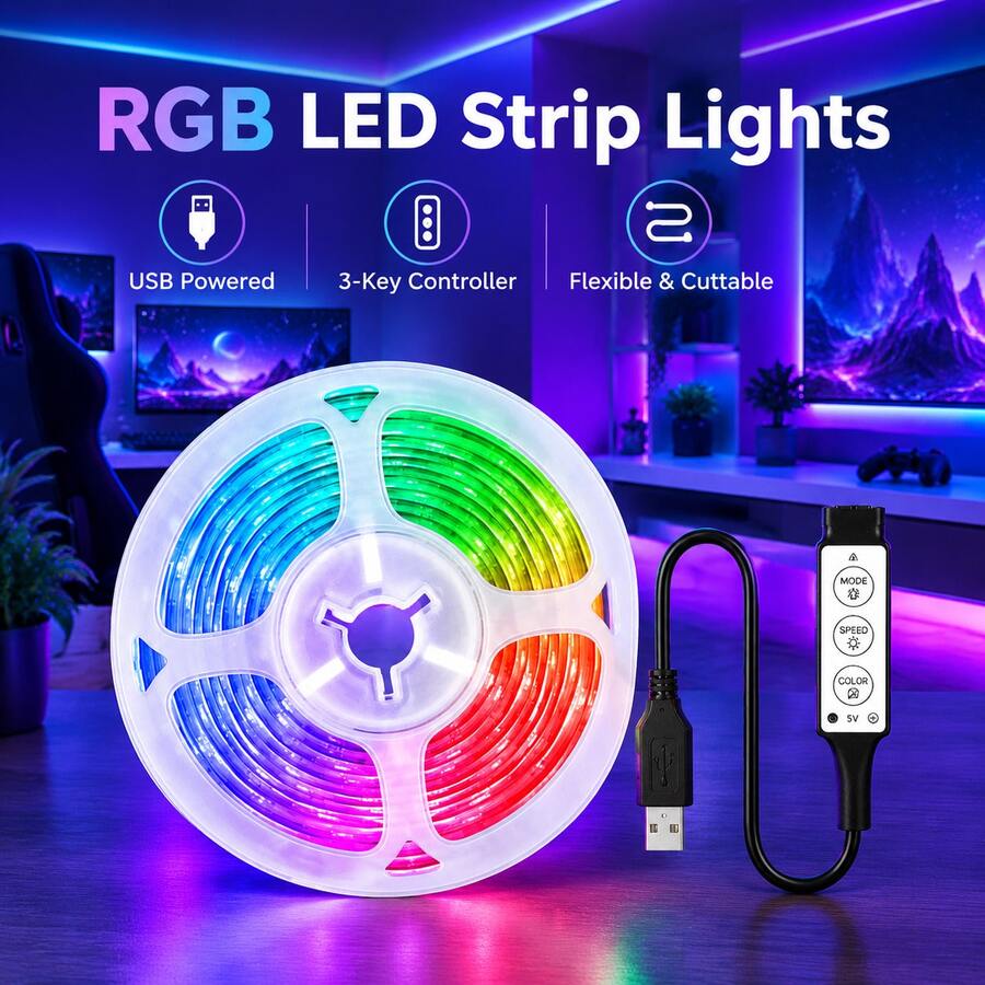 1pc USB 5V RGB LED Strip Lights, 3-Key Inline Controller, Self-Adhesive, Cuttable, Multi-Mode Color Changing LED Light, For TV Backlight, Bedroom, Gaming Room, Holiday & Party Decor - 3Key RGB - View 1