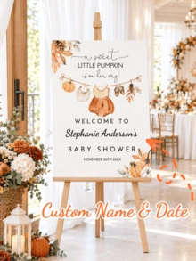 Personalized Baby Baptism Canvas Welcome Sign, Customized Name & Date Autumn Pumpkin Theme Baby Baptism Decor, Thanksgiving Party Mom-To-Be Welcome Sign, Newborn & Family Celebration, Unframed Poster - Multicolor - View 2