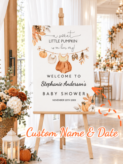 Personalized Baby Baptism Canvas Welcome Sign, Customized Name & Date Autumn Pumpkin Theme Baby Baptism Decor, Thanksgiving Party Mom-To-Be Welcome Sign, Newborn & Family Celebration, Unframed Poster