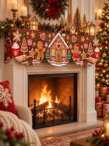 1pc Christmas Fireplace Scarf, Gingerbread House Gingerbread Man Candy Snowflake Holiday Print, Wavy Edge Fireplace Mantel Decor Cloth, Red Brown Christmas Dessert House Theme, Suitable For Living Room Fireplace Mantel, Christmas Party And Winter Home Decor - Multicolor - View 4