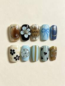 10Pcs Handmade Press On Nails,Short Square Fake Nails,Autumn Winter 3D Flower Bow Stripe Letter Print Rhinestone Pearl False Nails,Blue Brown Coffee Wearable Nail Art For Women Daily - Multicolor - View 2