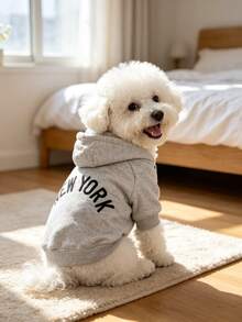 New York Letter Print Pet Hoodie, Grey Casual Sweatshirt, Suitable For Small And Medium Dogs, Cats, Bichon, Teddy, Poodle, Schnauzer, Puppy Outfit - Grey - View 5