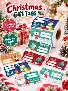 200pcs/500Pcs Christmas Gift Label Stickers, Santa Snowman Bear Elk Print Self-Adhesive Gift Tags, Xmas Present Name Stickers For Holiday Wrapping Decor - Multiple Styles - View 1