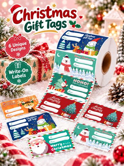 200pcs/500Pcs Christmas Gift Label Stickers, Santa Snowman Bear Elk Print Self-Adhesive Gift Tags, Xmas Present Name Stickers For Holiday Wrapping Decor