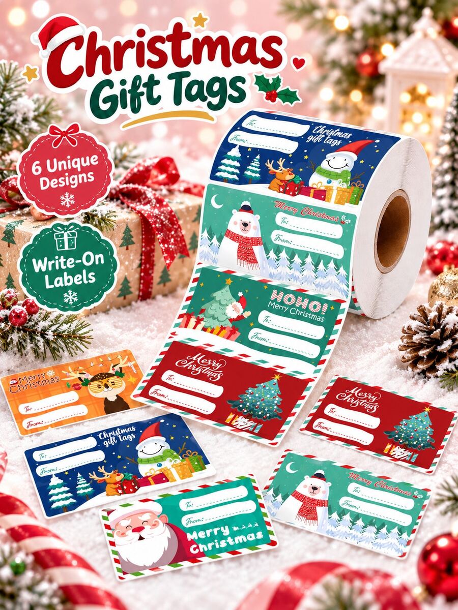 200pcs/500Pcs Christmas Gift Label Stickers, Santa Snowman Bear Elk Print Self-Adhesive Gift Tags, Xmas Present Name Stickers For Holiday Wrapping Decor - Multiple Styles - View 1