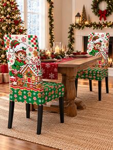 Gingerbread House Baking Elf Christmas Chair Cover, Mint Candy Cane Cookie Checkerboard Print, Sweet Holiday Kitchen Decor, Suitable For Family Feast, Winter Gathering And Christmas Party - Multicolor - View 2