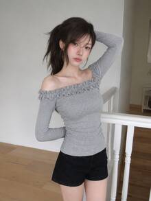 Korean Style Women's Cold Shoulder Ruffle Long Sleeve Top, Knitted Fabric, Slightly Elastic, Regular Fit, Suitable For Autumn Wear - Grey - View 2