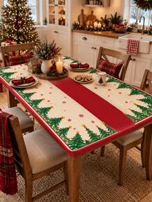 1PC Red Cream Christmas Tree Snowflake Stretch Tablecloth, Festive Holiday Style Polyester Spandex Round & Square Fitted Edge Table Cover, Elastic Snug Fit Protector For Christmas Dinner Party Kitchen Dining Room Winter Decor - Multicolor - View 5