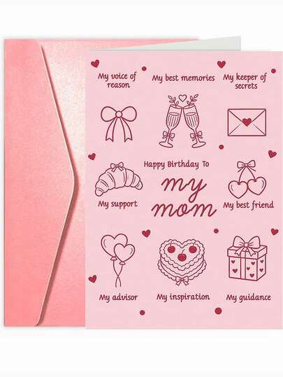 1pc Fun Birthday Card, Sweet Pink Line Drawing Mom Birthday Card, Heartfelt Text Describing Mother As Friend And Guide, Cute Doodle Pattern, Ideal Birthday Gift From Daughter And Son To Mother, Thickened Large Envelope And Card