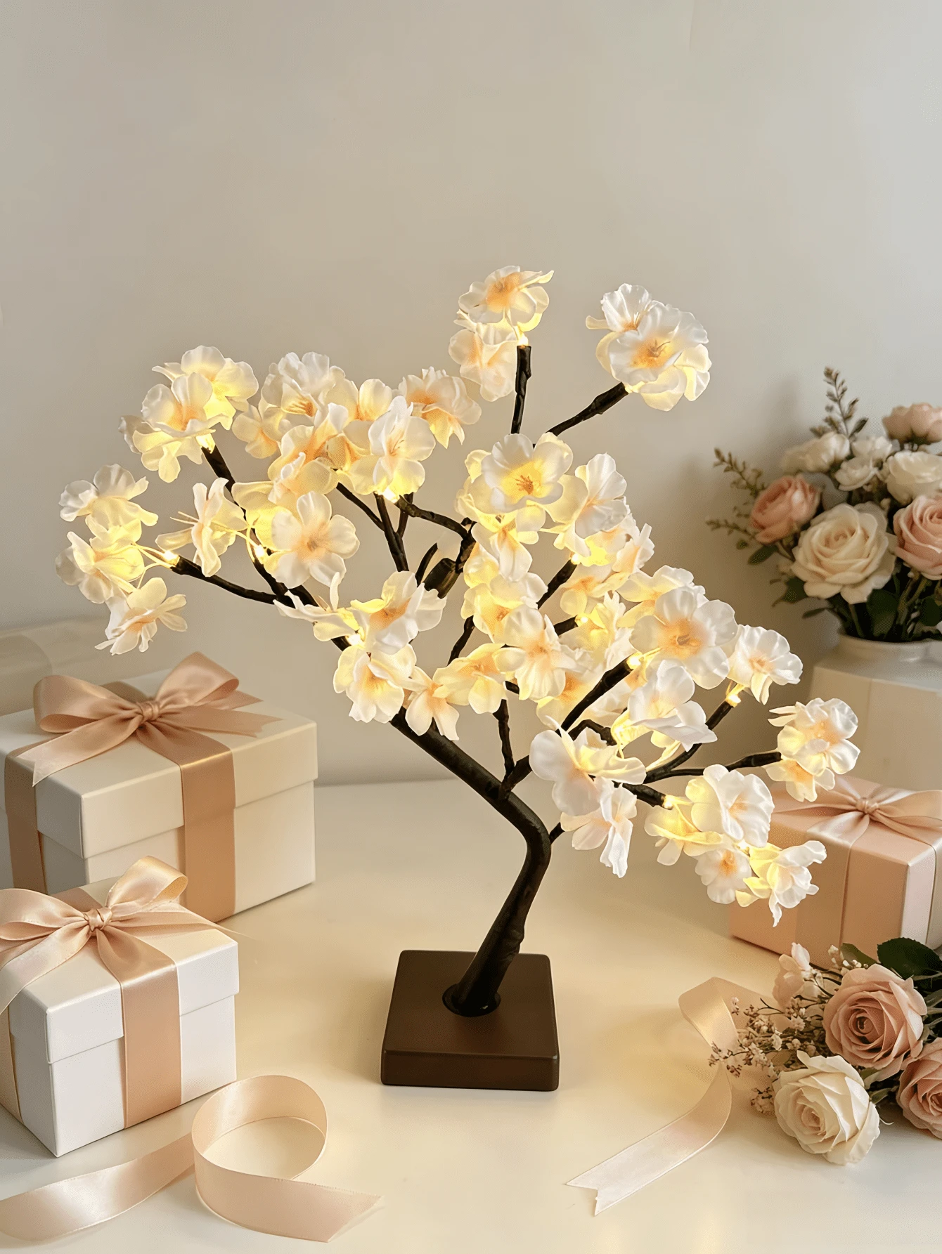 1PC 24-Light Cherry Blossom Atmosphere Flower Lamp, USB & 3 AA Battery Dual Power Supply, Super Bright Warm White LED Tree Light, Romantic Decoration Lamp For B&B, Bedroom, Desktop - Warm white light - View 1