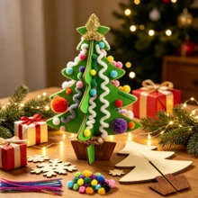 35PCS Christmas Tree Set, Wooden 3D Christmas Tree DIY Craft Kit, Natural Wood Blank Pieces, Holiday Hand-Painted Coloring Material Pack, Creative Decoration, Homemade Desktop Holiday Ornament, Christmas Decoration, Home Decor, Christmas Party DIY Handmade - Multicolor - View 7
