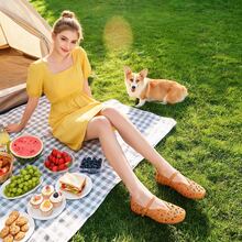 2026 Spring/Autumn New Vintage Embroidered Hollow Mary Jane Flat Shoes, Classic Square Toe Flat Shoes, Exquisite Hollow Embroidered Shoes With One-Strap Buckle Design, Soft Sole, Lightweight, Breathable, French Style, Versatile For Daily Wear, Commuting - Orange - View 2
