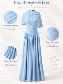 Women 2 Pieces Maxi Dress Set Ruched Shawl And Sleeveless Long Dress Elegant Solid Color Bodycon Flowy Dress Set For Wedding Guest Party And Vacation - Blue - View 5