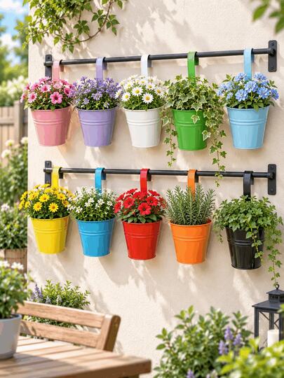 1/5/10pcs Colorful Hanging Iron Flower Pots, Railing Hook Planters, Iron Hanging Planting Pots, Suitable For Balcony Garden Yard Fence Hedge Decoration, Outdoor Home Gardening Landscape Decor, Garden Backdrop Photography Props