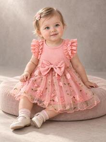 Summer Baby Girl Casual Cute Holiday Style Ribbed Patchwork Bow Decor Floral Double-Layer Mesh Dress - Pink - View 3