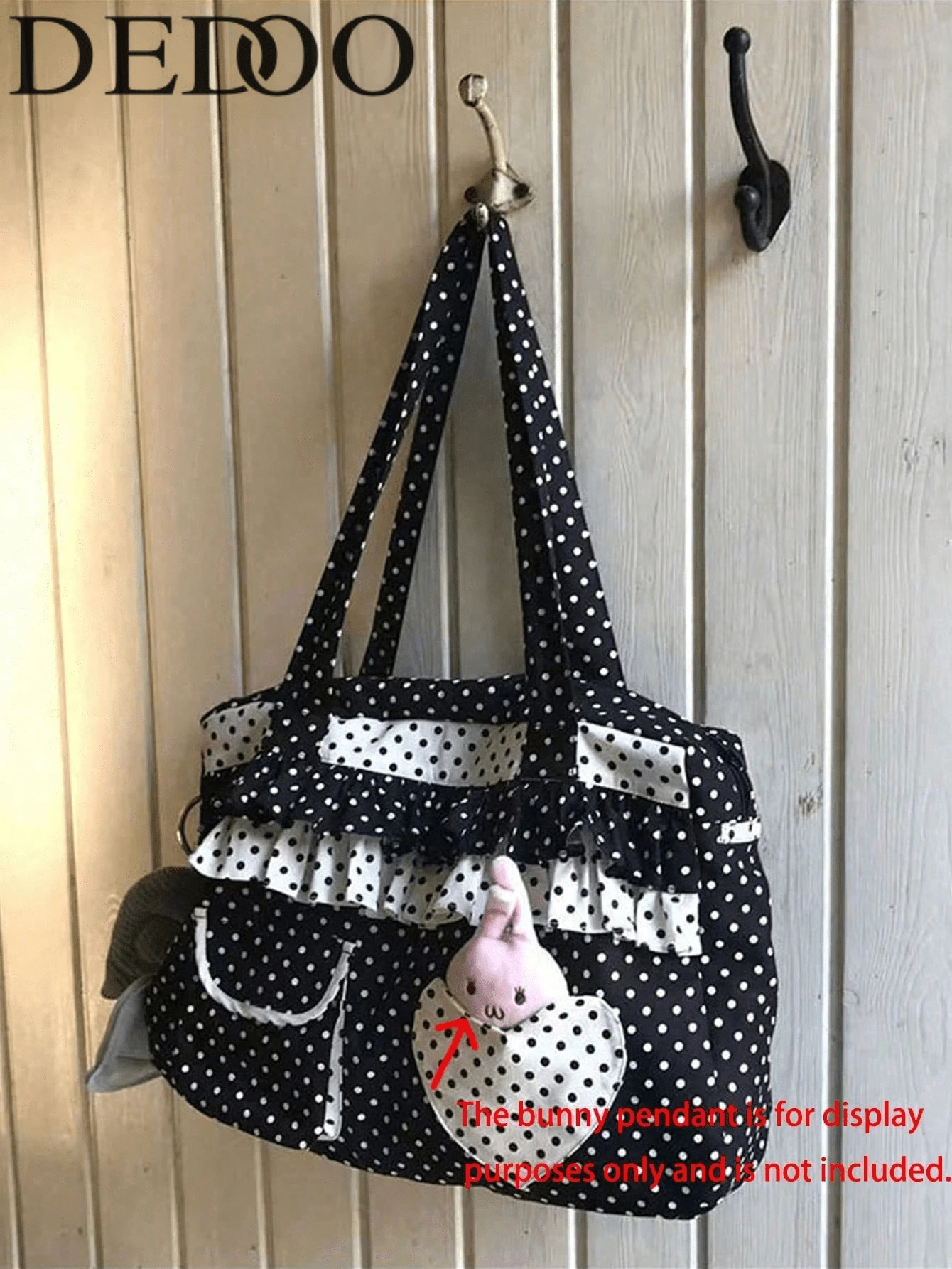 Dedoo Canvas Tote Bag, Black And White Polka Dot And Heart Pattern, Large Capacity Colorblock Design, Suitable For College Students, Student Style Shoulder Bag - Black - View 1