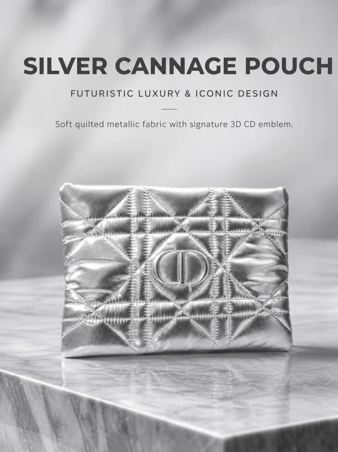 Tas Kosmetik Dior Silver Quilted Diamond Pattern, Finishing Mengkilap Metalik, Kantong Penyimpanan dengan Resleting Logo CD, Tas Clutch Perawatan Kulit Portabel Kapasitas Besar, Hadiah Mewah - Perak - View 1