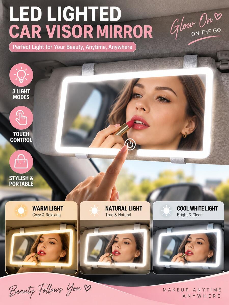YAIUZGOO Ultra-Thin LED Car Makeup Mirror With Light, Rechargeable Sun Visor Makeup Mirror, Adjustable Brightness Touch Control, High Definition Glowing Makeup Mirror, USB Charging, Women's Car Interior Accessory