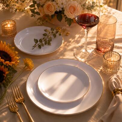 50/25/10pcs 10.25" And 7.5" White Round Dinner Plates With Gold Rim, Classic Style, Suitable For Autumn Family Gatherings And Holiday Parties, Essential For Home Hosts Daily Dining, Perfect For Weddings, Picnics, Parties, Birthdays, Holiday Celebrations, Thanksgiving, Christmas, Easter, Halloween