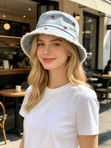 3pcs Light Blue Denim Women's Bucket Hat, Embroidered Floral Frayed Edge Bucket Hat, Big Head Friendly Slimming Face Sun Protection Bucket Hat - Multicolor - View 3
