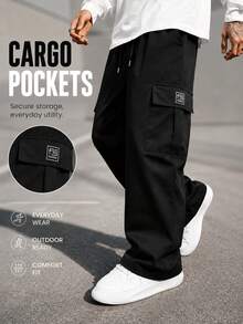 Men's Black Cargo Sweatpants, Dual Side 3D Cargo Pockets With Elastic Drawstring Waist Design, Loose Wide Leg Straight Fit Textured Fabric, Pocket With Small Label Accent. Versatile Casual Commute Sports Multi-Occasion Long Pants. Unisex - Black - View 1