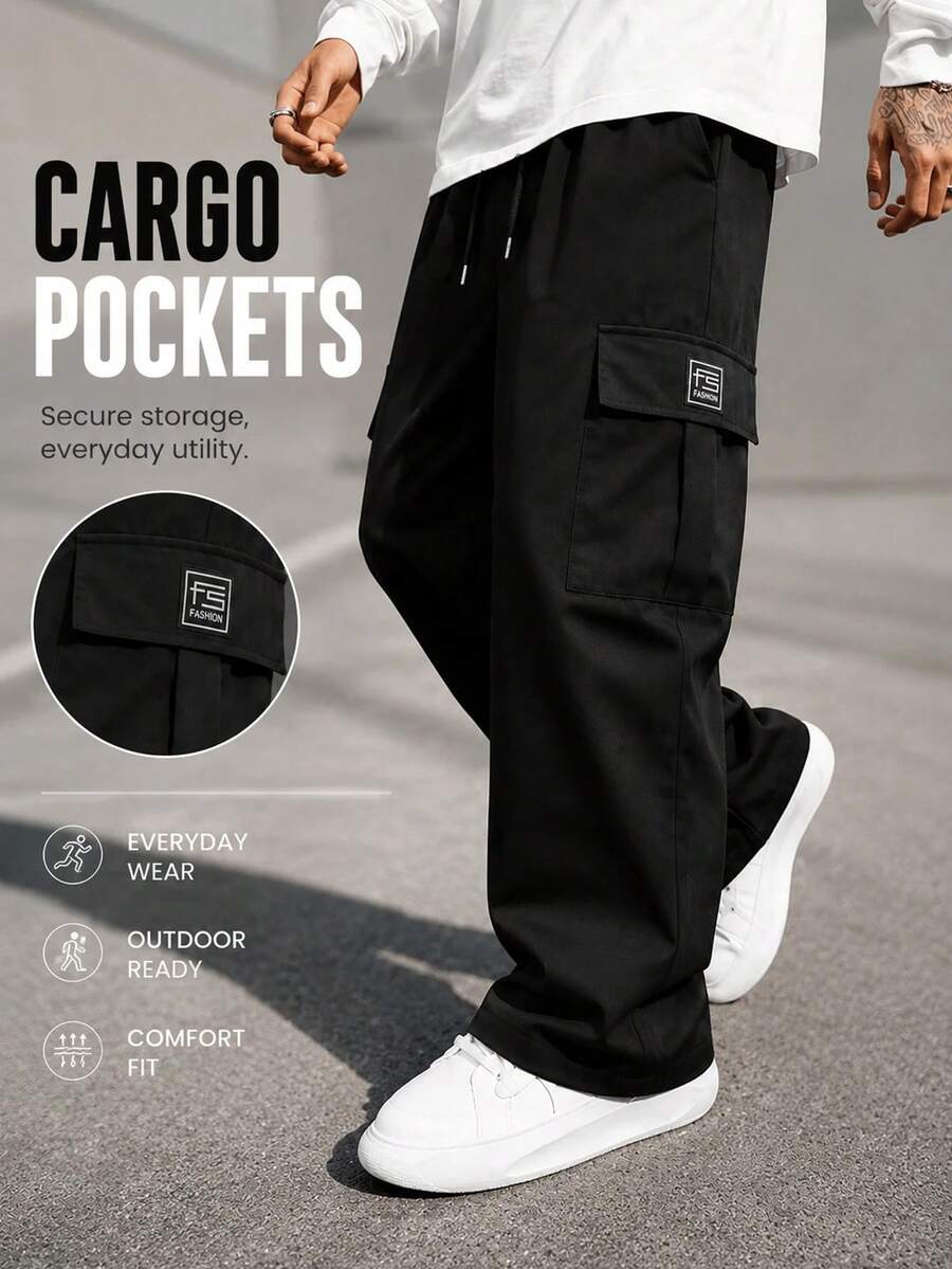 Men's Black Cargo Sweatpants, Dual Side 3D Cargo Pockets With Elastic Drawstring Waist Design, Loose Wide Leg Straight Fit Textured Fabric, Pocket With Small Label Accent. Versatile Casual Commute Sports Multi-Occasion Long Pants. Unisex - Black - View 1