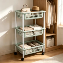 1pc 3-Tier Hollow Plastic Storage Cart, Movable Shelf With Universal Wheels, Layered Storage Baskets, Suitable For Sundries Storage In Kitchen & Living Room And Bathroom Supplies Organization - Multicolor - View 6