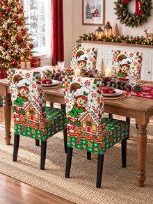 Gingerbread House Baking Elf Christmas Chair Cover, Mint Candy Cane Cookie Checkerboard Print, Sweet Holiday Kitchen Decor, Suitable For Family Feast, Winter Gathering And Christmas Party - Multicolor - View 3
